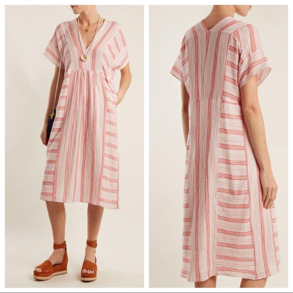 MASSCOB V-neck Striped Cotton Dress In Pink Stripe - Picture 1 of 12